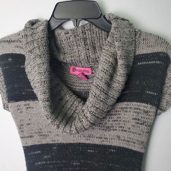 Y2K Black Gray Striped Knit Cowl Neck Mini Dress Size Large - Picture 5 of 7